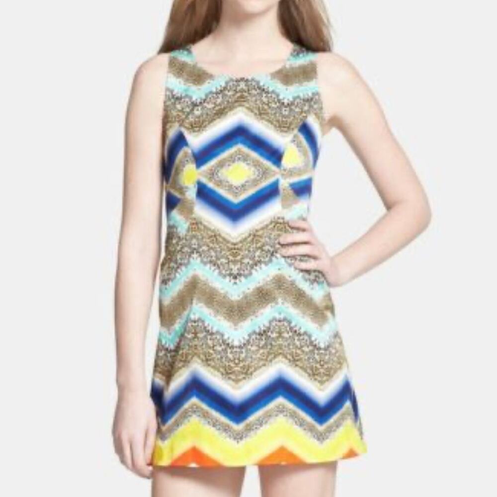 Milly Chevron Paneled Printed Sleeveless Shift Dress Multicolor Size 8